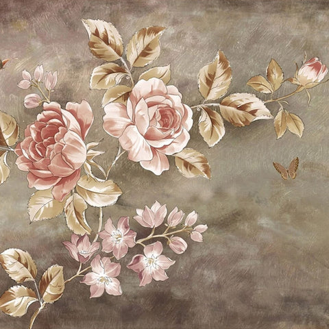 Image of Retro Pink Roses and Butterflies Wallpaper Mural, Custom Sizes Available Wall Murals Maughon's