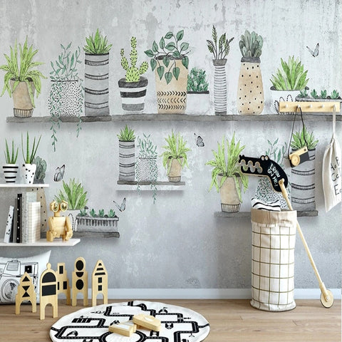 Image of Retro Succulent Pots Wallpaper Mural, Custom Sizes Available Wall Murals Maughon's Waterproof Canvas