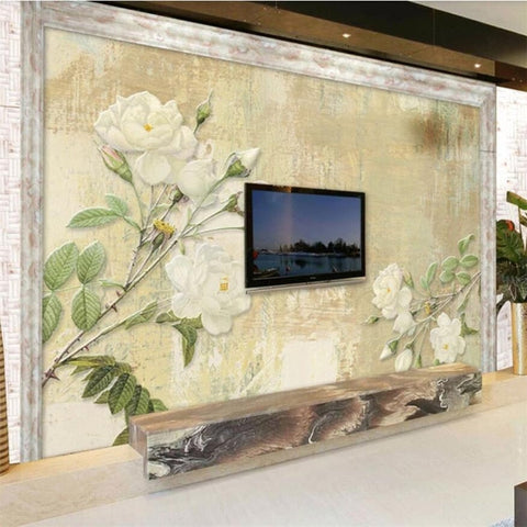 Image of Retro White Roses Wallpaper Mural, Custom Sizes Available Wall Murals Maughon's