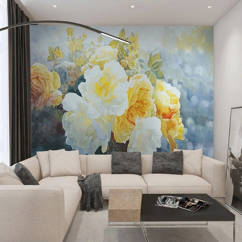 Image of Retro Yellow and White Roses Wallpaper Mural, Custom Sizes Available Wall Murals Maughon's