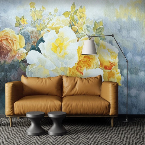 Image of Retro Yellow and White Roses Wallpaper Mural, Custom Sizes Available Wall Murals Maughon's