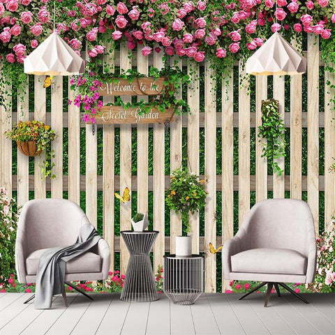 Image of Rose Trellis on Wooden Wall Wallpaper Mural, Custom Sizes Available Household-Wallpaper Maughon's
