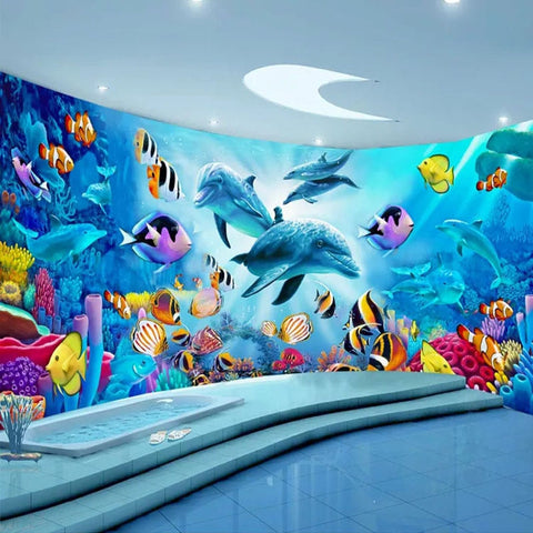 Image of Self-Adhesive Dolphins and Tropical Fish Wallpaper Mural, Custom Sizes Available Wall Murals Maughon's