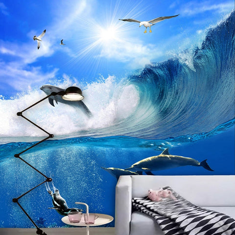 Image of Self Adhesive Dolphins and Waves Bathroom Mural, Custom Sizes Available Wall Murals Maughon's