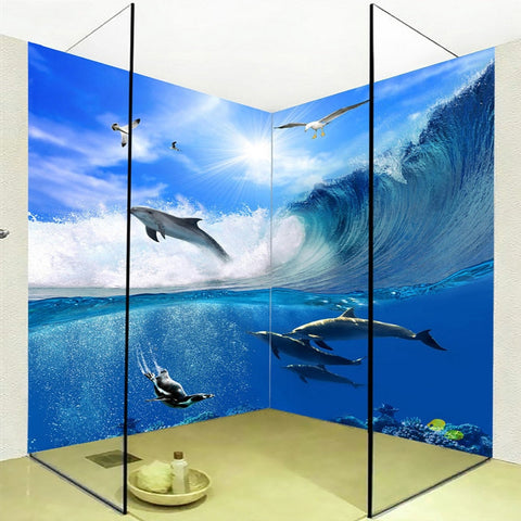 Image of Self Adhesive Dolphins and Waves Bathroom Mural, Custom Sizes Available Wall Murals Maughon's