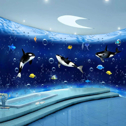 Image of Self Adhesive Killer Whales and Fishes Bathroom Wallpaper Mural, Custom Sizes Available Wall Murals Maughon's