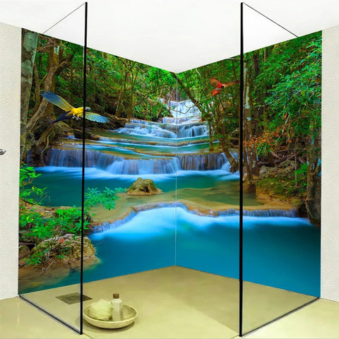 Image of Self Adhesive Tropical Jungle Waterfall Bathroom Mural, Custom Sizes Available Wall Murals Maughon's
