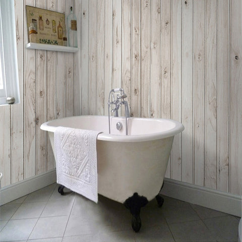 Image of Self Adhesive White Wood Boards Bathroom Mural, Custom Sizes Available Wall Murals Maughon's