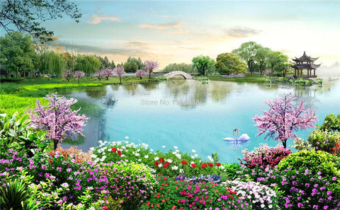 Image of Serene Pond and Flowering Garden Wallpaper Mural, Custom Sizes Available Wall Murals Maughon's