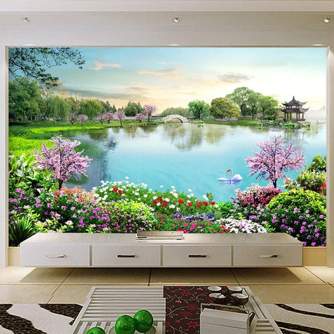 Image of Serene Pond and Flowering Garden Wallpaper Mural, Custom Sizes Available Wall Murals Maughon's Waterproof Canvas