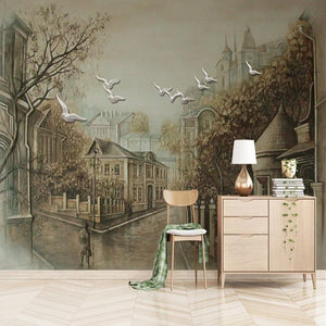 Street View Homes and Birds Wallpaper Mural, Custom Sizes Available