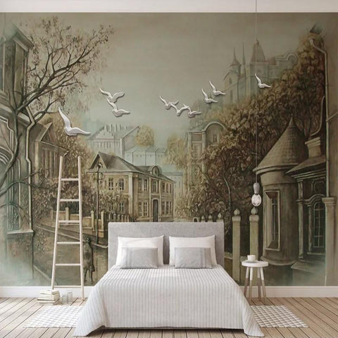 Image of Street View Homes and Birds Wallpaper Mural, Custom Sizes Available Household-Wallpaper Maughon's