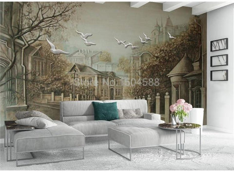 Image of Street View Homes and Birds Wallpaper Mural, Custom Sizes Available Household-Wallpaper Maughon's
