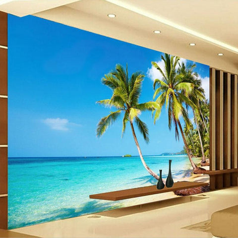 Image of Sunshine Sea Water Beach Coconut Tree Wallpaper Mural, Custom Sizes Available Household-Wallpaper Maughon's 