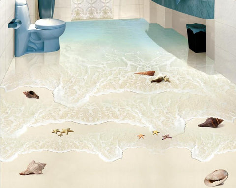 Image of Surf and Seashells PVC Vinyl Floor Mural, Self-Adhesive, Custom Sizes Available Household-Wallpaper-Floor Maughon's