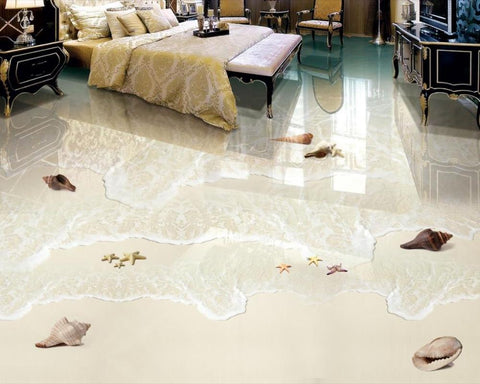 Image of Surf and Seashells PVC Vinyl Floor Mural, Self-Adhesive, Custom Sizes Available Household-Wallpaper-Floor Maughon's