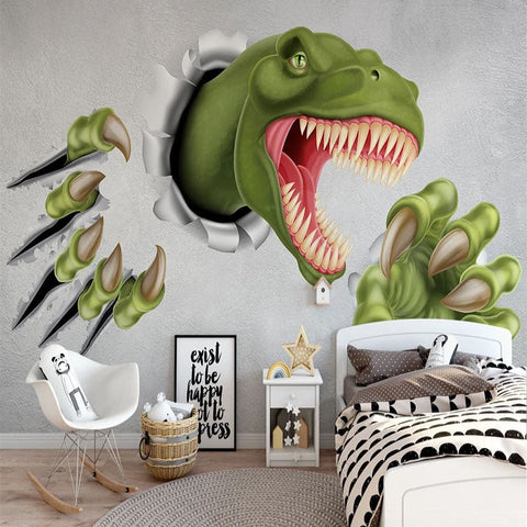 Image of T-Rex Crashing Through Wall Fantasy Kids Wallpaper Mural, Custom Sizes Available Wall Murals Maughon's