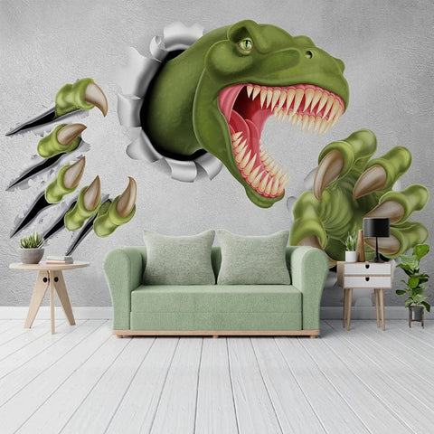 Image of T-Rex Crashing Through Wall Fantasy Kids Wallpaper Mural, Custom Sizes Available Wall Murals Maughon's Waterproof Canvas
