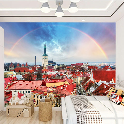 Image of Tallin, Estonia Skyline and Rainbow Wallpaper Mural, Custom Sizes Available Wall Murals Maughon's