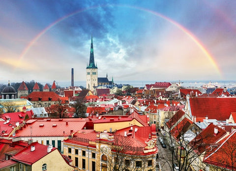Image of Tallin, Estonia Skyline and Rainbow Wallpaper Mural, Custom Sizes Available Wall Murals Maughon's 