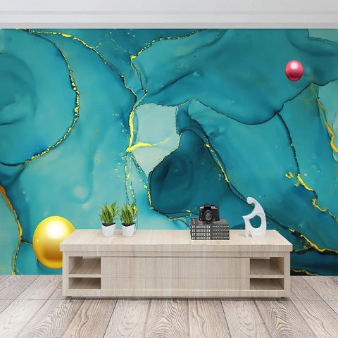 Image of Teal and Gold Abstract Swirl Wallpaper Mural, Custom Sizes Available Wall Murals Maughon's