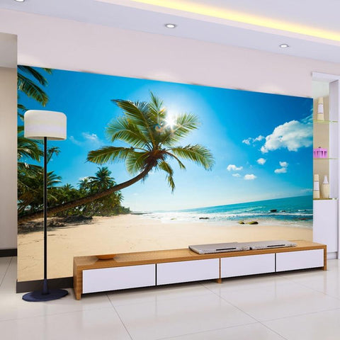 Image of Tropical Beach With Palm Tree Seascape Wallpaper Mural, Custom Sizes Available Household-Wallpaper Maughon's