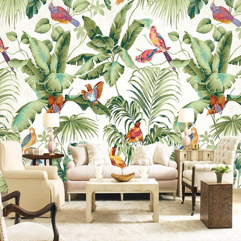 Image of Tropical Birds and Leaves Wallpaper Mural, Custom Sizes Available Wall Murals Maughon's Waterproof Canvas