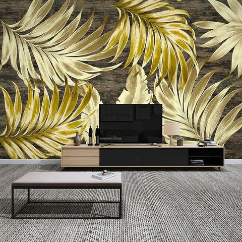 Image of Tropical Golden Leaves Wallpaper Mural, Custom Sizes Available Wall Murals Maughon's Waterproof Canvas