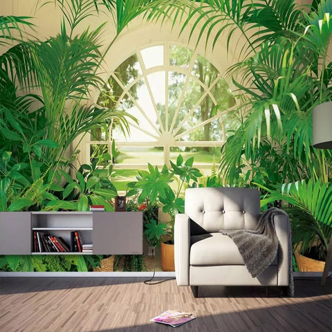 Image of Tropical House Plants With Arched Window Backdrop Wallpaper Mural, Custom Sizes Available Maughon's