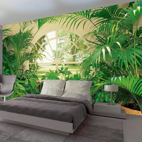 Image of Tropical House Plants With Arched Window Backdrop Wallpaper Mural, Custom Sizes Available Maughon's