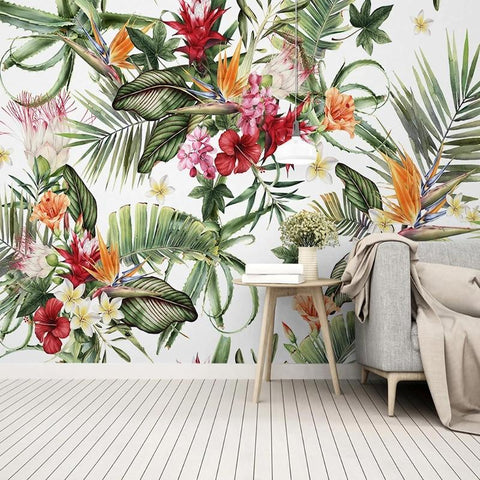 Image of Tropical Plant Leaf and Flowers Wallpaper Mural, Custom Sizes Available Maughon's