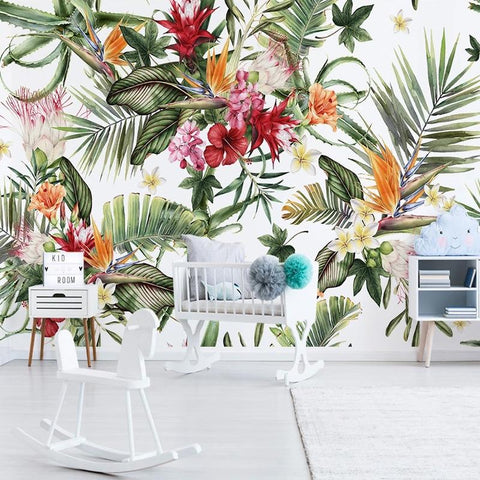 Image of Tropical Plant Leaf and Flowers Wallpaper Mural, Custom Sizes Available Maughon's