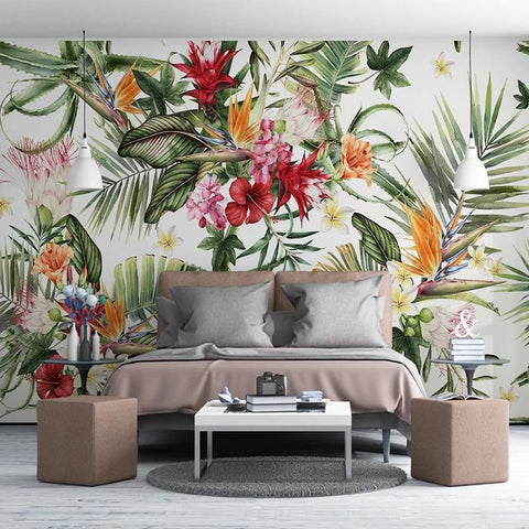 Image of Tropical Plant Leaf and Flowers Wallpaper Mural, Custom Sizes Available Maughon's