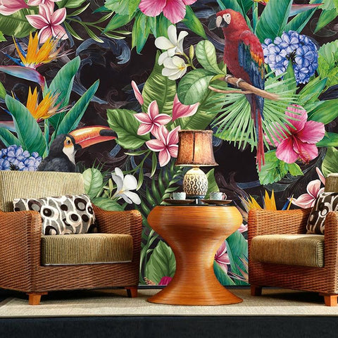 Image of Tropical Rain Forest with Parrot and Toucan Wallpaper Mural, Custom Sizes Available Maughon's