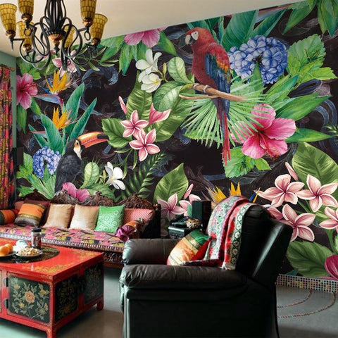 Image of Tropical Rain Forest with Parrot and Toucan Wallpaper Mural, Custom Sizes Available Maughon's