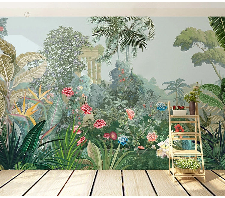Tropical Rainforest and Flowers Wallpaper Mural, Custom Sizes Available Maughon's