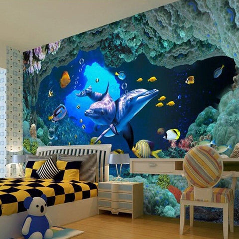 Image of Underwater Dolphins and Tropical Fish Wallpaper Mural, Custom Sizes Available Household-Wallpaper Maughon's