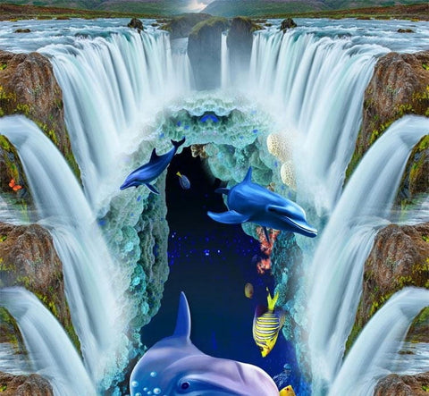 Image of Waterfalls, Dolphin and Tropical Fish Floor Mural, Self Adhesive, Custom Sizes Available