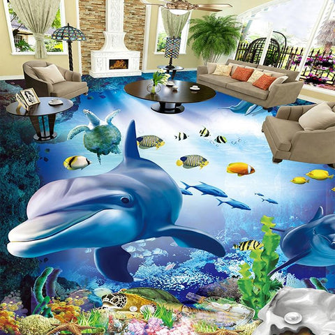 Image of Underwater World With Dolphins Self Adhesive Floor Mural, Custom Sizes Available Maughon's