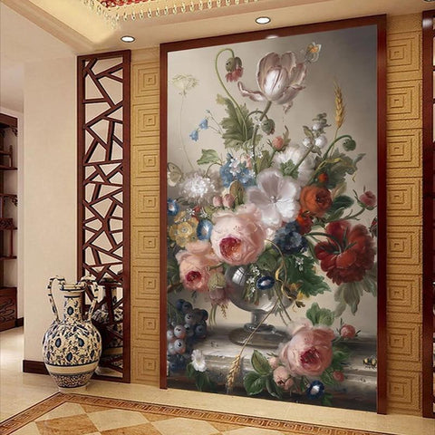 Image of Vase Floral Oil Painting Wallpaper Mural, Custom Sizes Available Household-Wallpaper- Maughon's