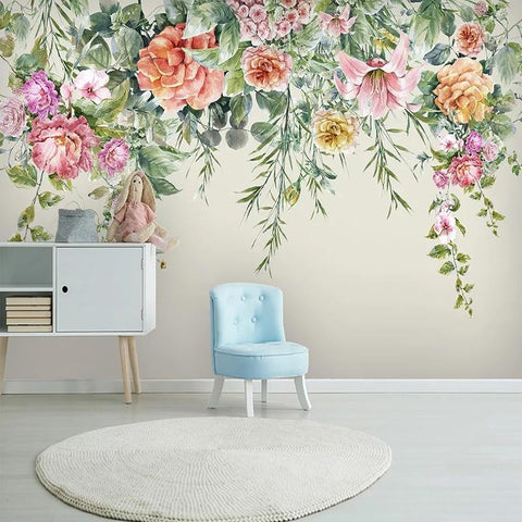 Image of Vintage Hand-Painted Flowers Wallpaper Mural, Custom Sizes Available Household-Wallpaper Maughon's