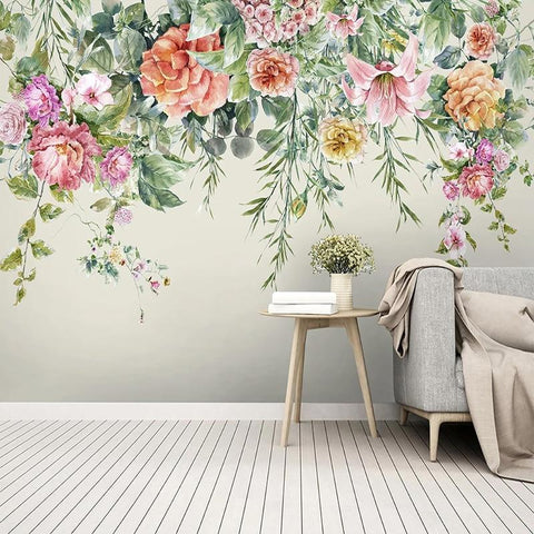 Image of Vintage Hand-Painted Flowers Wallpaper Mural, Custom Sizes Available Household-Wallpaper Maughon's