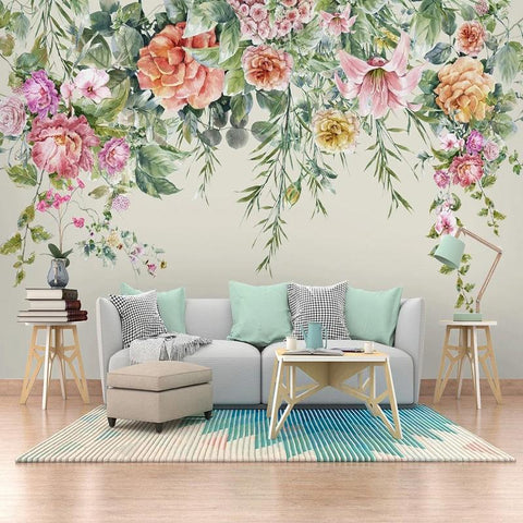 Image of Vintage Hand-Painted Flowers Wallpaper Mural, Custom Sizes Available Household-Wallpaper Maughon's