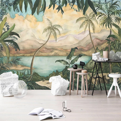 Image of Vintage Hand-painted Tropical Landscape Wallpaper Mural, Custom Sizes Available Wall Murals Maughon's 