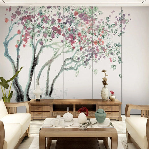 Image of Watercolor Hand-Painted Blooming Trees Wallpaper Mural, Custom /sizes Available Wall Murals Maughon's