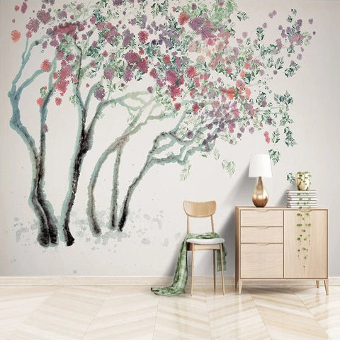 Image of Watercolor Hand-Painted Blooming Trees Wallpaper Mural, Custom /sizes Available Wall Murals Maughon's Waterproof Canvas