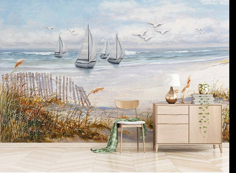 Image of Watercolor Sail Boats and Sand Dunes Wallpaper Mural, Custom Sizes Available Wall Murals Maughon's