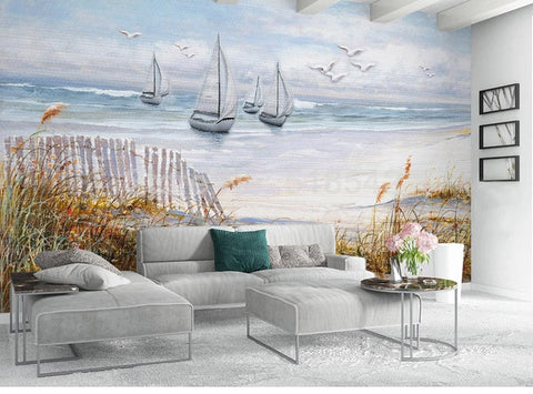 Image of Watercolor Sail Boats and Sand Dunes Wallpaper Mural, Custom Sizes Available Wall Murals Maughon's
