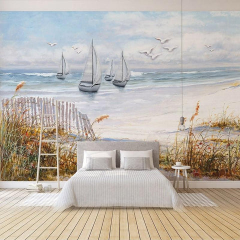 Image of Watercolor Sail Boats and Sand Dunes Wallpaper Mural, Custom Sizes Available Wall Murals Maughon's