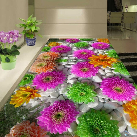 Image of White Cobblestone With Colorful Flowers Floor Mural, Custom Sizes Available Floor Murals Maughon's